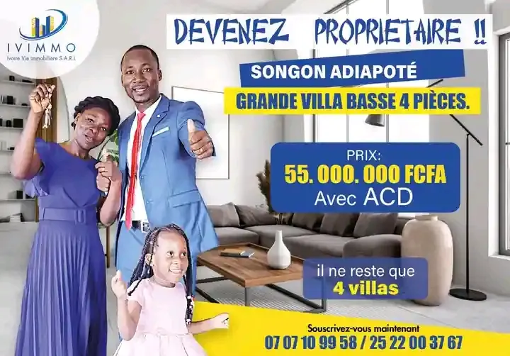VENTE D’UNE VILLA BASSE 4 PIÈCES INDIVIDUELLE À SONGON ADIAPOTE